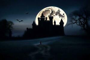 a castle in the dark with bats flying around it. AI-Generated photo