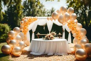 a wedding table covered in gold balloons. AI-Generated photo