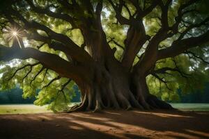 el Dom brilla mediante el ramas de un grande árbol. generado por ai foto