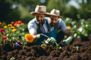 two men in hats and overalls are working in the garden. AI-Generated photo