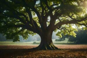 un roble árbol en el medio de un campo. generado por ai foto