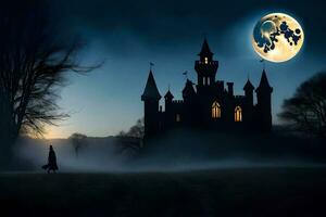 a man is walking in front of a castle at night. AI-Generated photo