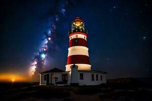 a lighthouse with a starry sky above it. AI-Generated photo