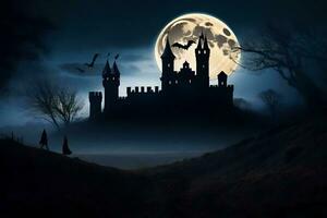 halloween castle with bats flying over it at night. AI-Generated photo