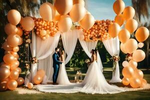 a bride and groom are standing under an arch with balloons. AI-Generated photo