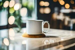 a coffee cup sitting on a table in front of a window. AI-Generated photo