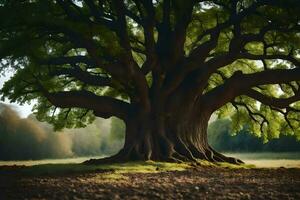 un antiguo roble árbol es mostrado en el medio de un campo. generado por ai foto