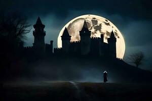 a man is walking in front of a castle with a full moon. AI-Generated photo