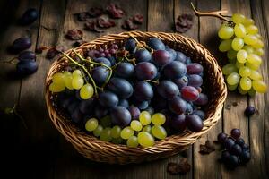 grapes in a basket on a wooden table. AI-Generated photo