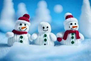 three snowmen are standing in a row. AI-Generated photo