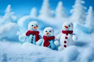 three snowmen are standing in the snow. AI-Generated photo