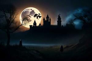 Víspera de Todos los Santos castillo en el oscuro con un lleno Luna. generado por ai foto