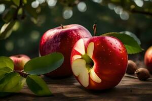 two apples are sitting on a wooden table. AI-Generated photo