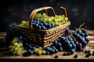 grapes in a basket on a wooden table. AI-Generated photo