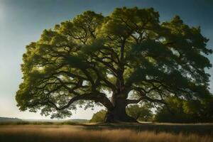 el roble árbol en el medio de un campo. generado por ai foto