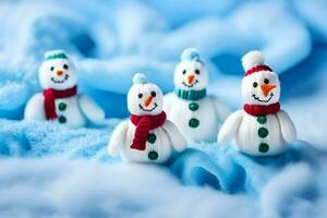 snowmen are made of fabric and are sitting on a blue background. AI-Generated photo