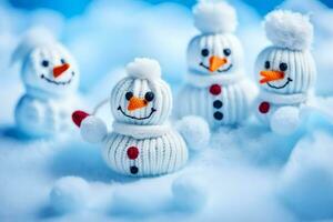 snowmen are made of knitted hats and mittens. AI-Generated photo