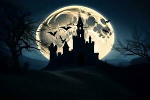 halloween castle with bats flying over it. AI-Generated photo