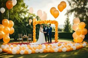 a bride and groom standing under an arch of orange and white balloons. AI-Generated photo