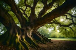 the roots of an old oak tree. AI-Generated photo