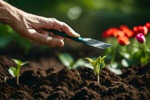 a person is holding a fork over a plant in the dirt. AI-Generated photo