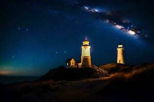 two lighthouses are lit up under the night sky. AI-Generated photo