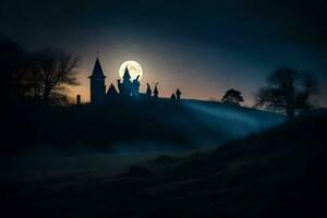 un castillo en el oscuro con un lleno Luna. generado por ai foto