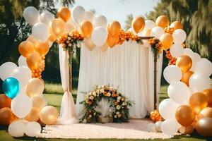 a wedding arch with white and orange balloons. AI-Generated photo