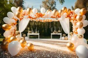 a wedding arch decorated with gold and white balloons. AI-Generated photo