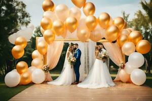 wedding couple under a golden arch with balloons. AI-Generated photo