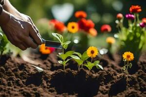 a person is cutting flowers in a garden. AI-Generated photo