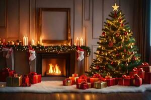 christmas tree and presents in front of fireplace. AI-Generated photo