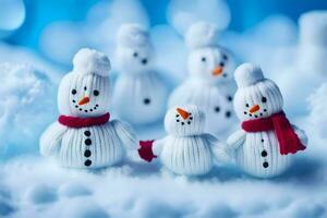 snowman family on snow background. AI-Generated photo