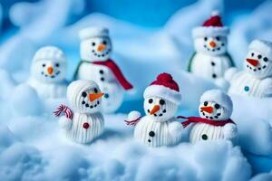 snowmen are made of yarn and are sitting in the snow. AI-Generated photo