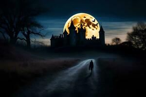 a person walking down a road with a full moon in the background. AI-Generated photo