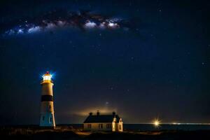 un faro y el lechoso camino terminado el océano. generado por ai foto