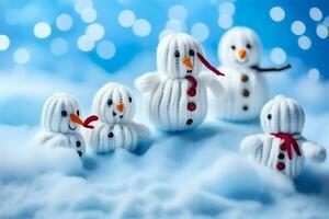 a group of snowmen are sitting on a snow covered surface. AI-Generated photo