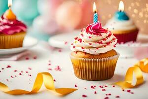 birthday cupcakes with candles. AI-Generated photo