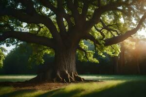 the sun shines through the leaves of an old oak tree. AI-Generated photo