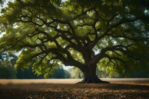 el roble árbol es en el medio de un campo. generado por ai foto