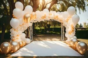 un Boda arco con blanco y oro globos generado por ai foto