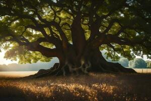 an old tree in a field with sunlight shining through it. AI-Generated photo