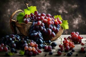 grapes in a basket on a wooden table. AI-Generated photo