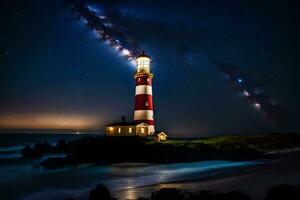 a lighthouse is lit up by the milky way. AI-Generated photo