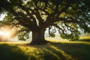 an oak tree in the middle of a field. AI-Generated photo