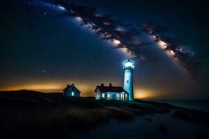 a lighthouse and a house under the stars. AI-Generated photo