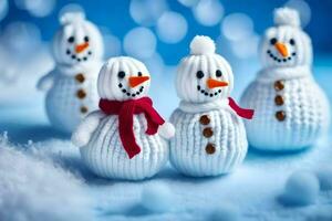 snowmen in knitted hats and scarves. AI-Generated photo