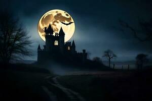 halloween castle with bats flying over it at night. AI-Generated photo