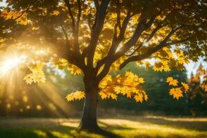 the sun shines through the leaves of a tree. AI-Generated photo