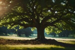 a large tree in the middle of a field. AI-Generated photo